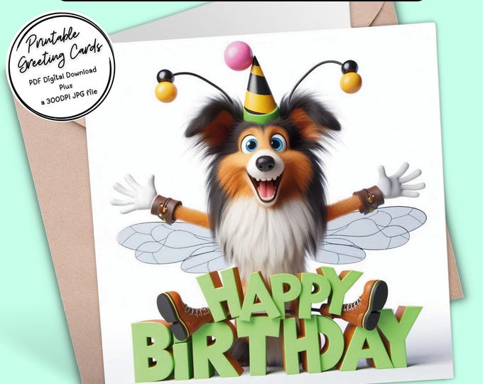 Adorable Sheltie Dog Birthday Card | Cute Spring-Themed Digital Download Greeting Card | 300dpi JPG for your own creations or send digitally