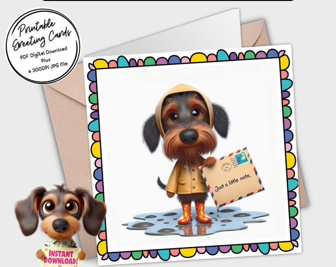 Printable Card ‘Just a little note’ | Adorable Dachshunds | Digital Download Greeting Card | Plus the 300dpi JPGs for your creative ideas