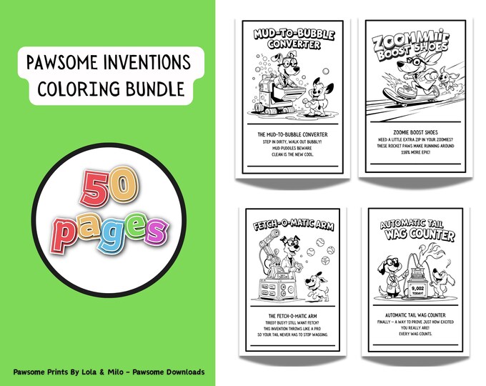 Funny Dog Inventions Coloring Pages: 50 Printable Sheets (Digital Download)