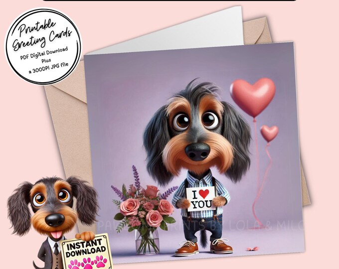 Printable Valentine / I love You Card | Digital Download Greeting Card | Cute Dachshund | Plus the 300dpi JPG for your creative ideas