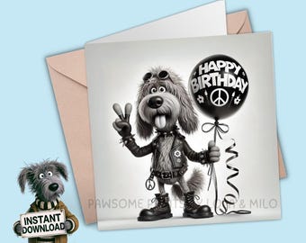 Goldendoodle Biker Birthday Card: Quirky Dog Art (Digital Download)