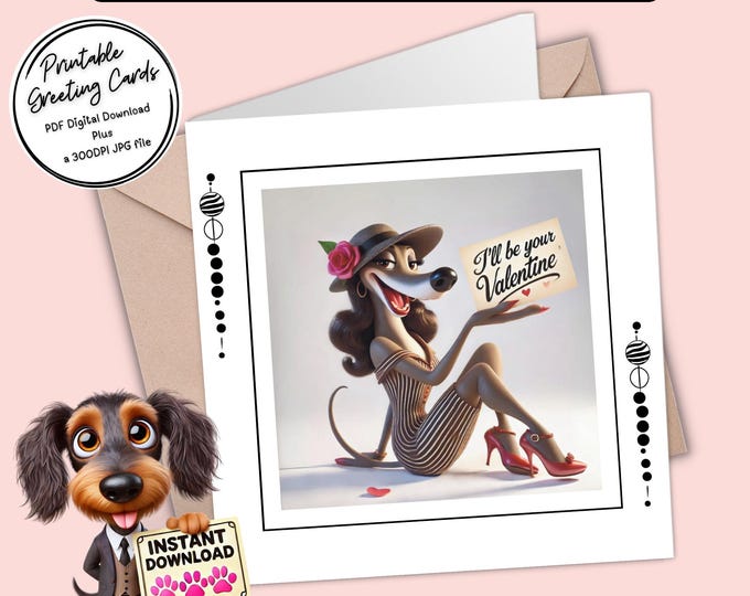 Printable Valentine Card | Glamorous Greyhounds | Digital Download Greeting Card | Plus the 300dpi JPGs for your creative ideas