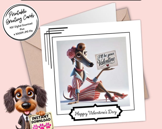 Printable Valentine Card | Glamorous Greyhounds | Digital Download Greeting Card | Plus the 300dpi JPGs for your creative ideas
