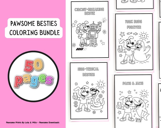 Dog and Bestie Selfie Coloring Pages: 50 Funny Printables (Digital Download)