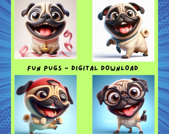 Cheerful Pug Parade - Digital Art for Smiles and Joy | JPG 300dpi | Instant Downloads | Fun Pugs | Gift for Dog lovers