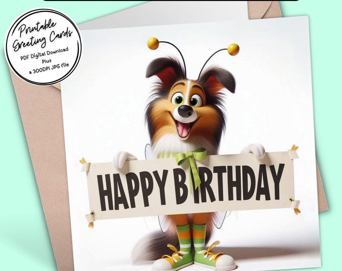 Adorable Sheltie Dog Birthday Card | Cute Spring-Themed Digital Download Greeting Card | 300dpi JPG for your own creations or send digitally