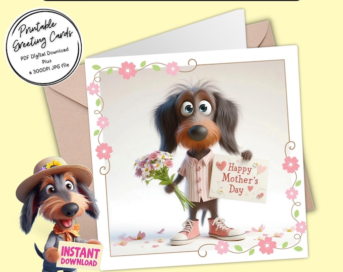 Cute Dachshund Mother’s Day Card | Print at home | Send digitally | Printable Greeting Card Plus 300dpi JPGs for your creative ideas