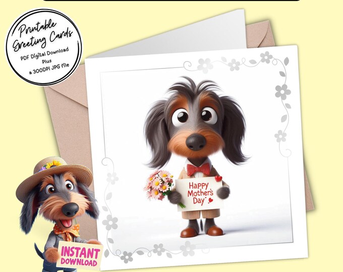 Cute Dachshund Mother’s Day Card | Print at home | Send digitally | Printable Greeting Card Plus 300dpi JPGs for your creative ideas