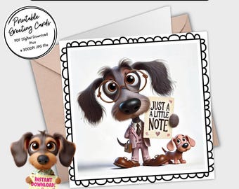 Printable Card ‘Just a little note’ | Adorable Dachshunds | Digital Download Greeting Card | Plus the 300dpi JPGs for your creative ideas