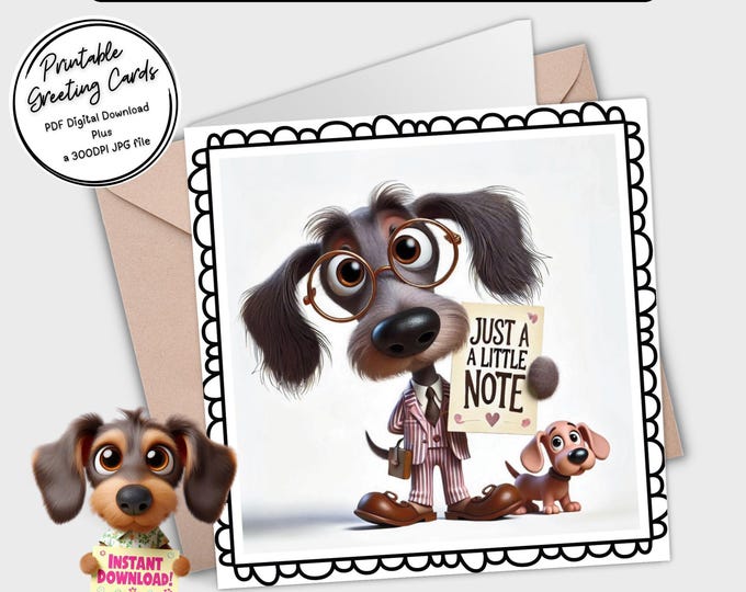 Printable Card ‘Just a little note’ | Adorable Dachshunds | Digital Download Greeting Card | Plus the 300dpi JPGs for your creative ideas