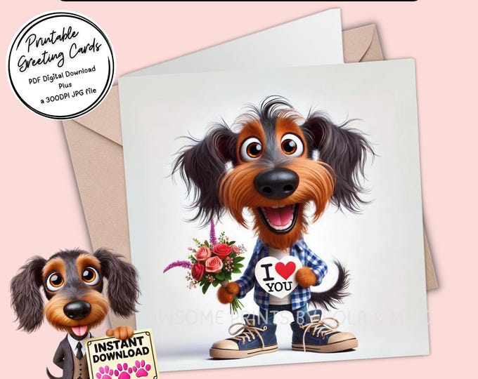 Printable Valentine / I love You Card | Digital Download Greeting Card | Cute Dachshund | Plus the 300dpi JPG for your creative ideas