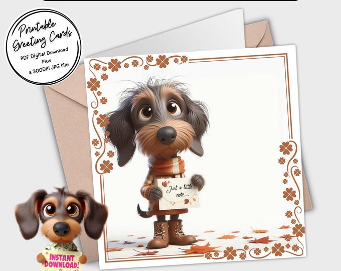 Printable Card ‘Just a little note’ | Adorable Dachshunds | Digital Download Greeting Card | Plus the 300dpi JPGs for your creative ideas