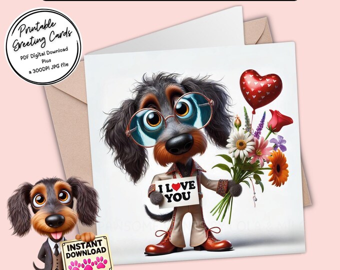 Printable Valentine / I love You Card | Digital Download Greeting Card | Cute Dachshund | Plus the 300dpi JPG for your creative ideas