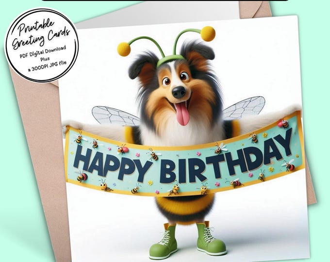 Adorable Sheltie Dog Birthday Card | Cute Spring-Themed Digital Download Greeting Card | 300dpi JPG for your own creations or send digitally