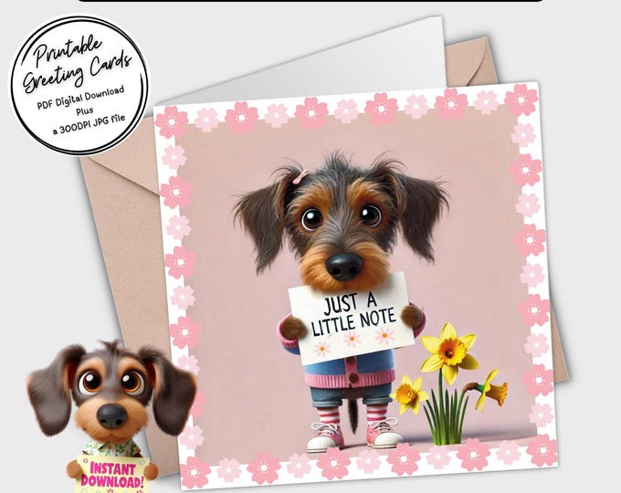 Printable Card ‘Just a little note’ | Adorable Dachshunds | Digital Download Greeting Card | Plus the 300dpi JPGs for your creative ideas