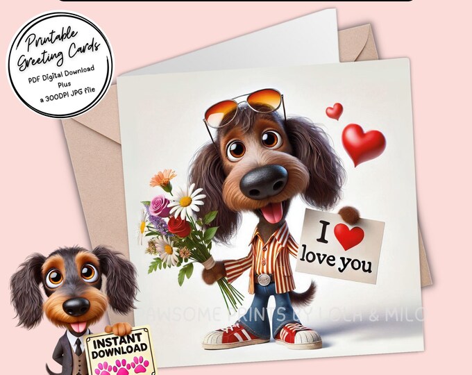 Printable Valentine / I love You Card | Digital Download Greeting Card | Cute Dachshund | Plus the 300dpi JPG for your creative ideas