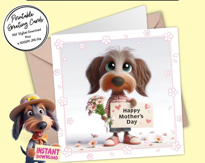 Cute Dachshund Mother’s Day Card | Print at home | Send digitally | Printable Greeting Card Plus 300dpi JPGs for your creative ideas