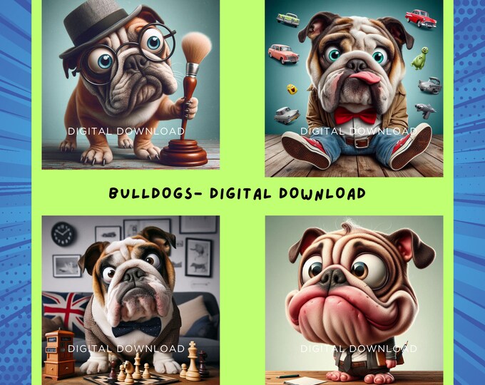 Bulldog Caricature Carnival - Fun Digital Dog Art Download| JPG 300dpi | Instant Downloads | Gift for Bulldog Lovers | Fun Bulldog Art