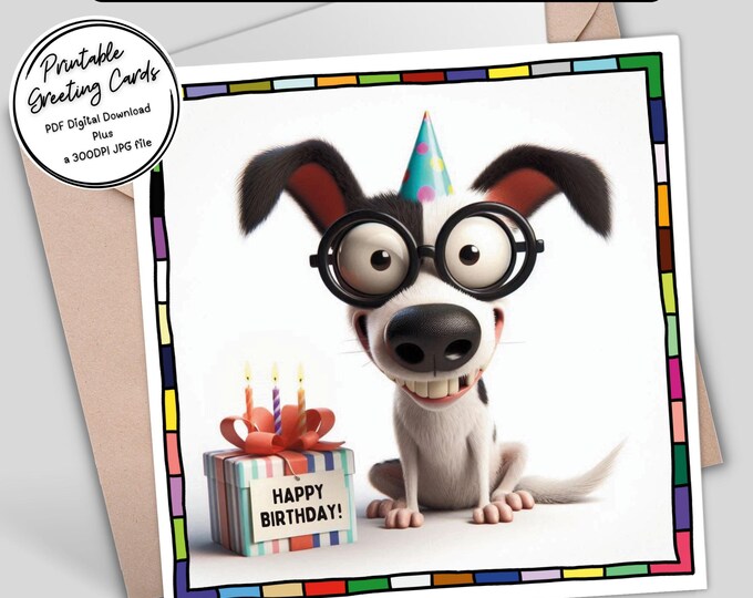 Quirky Dog Printable Birthday Card | Fun & Unique Digital Download Greeting Cards | 300dpi JPG for your own creations or send digitally