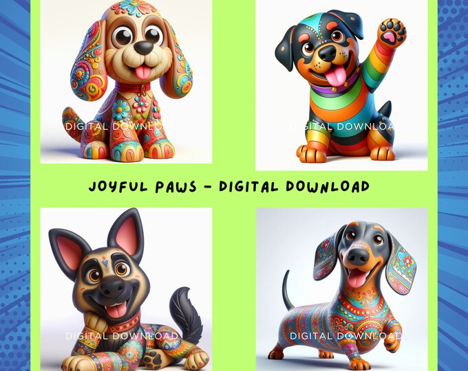 Joyful Paws: Quirky & Colourful Canine Art Collection | JPG 300dpi | Instant Downloads | Gift for Dog lovers