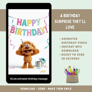 May include: A digital birthday greeting featuring a brown, furry, puppet-style dog wearing a small party hat. Above the dog, colorful bunting reads HAPPY BIRTHDAY. A gift box sits nearby. Text includes A BIRTHDAY SURPRISE THEY'LL LOVE and ACute animated birthday message.