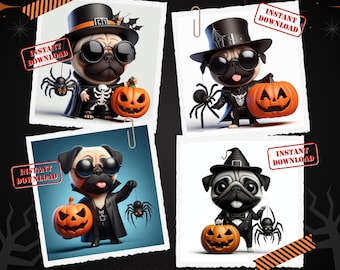 Goth Pugs & Pumpkins: Spooky Caricature Collection | Digital Art | JPG 300dpi | Instant Downloads | Gift for Dog lovers