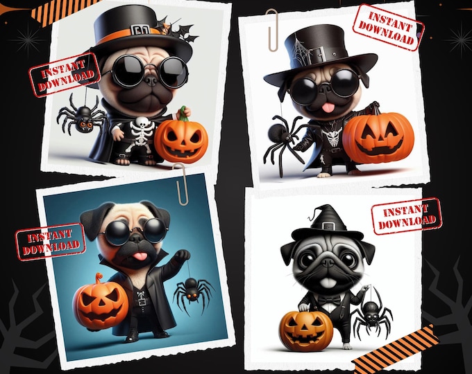 Goth Pugs & Pumpkins: Spooky Caricature Collection | Digital Art | JPG 300dpi | Instant Downloads | Gift for Dog lovers