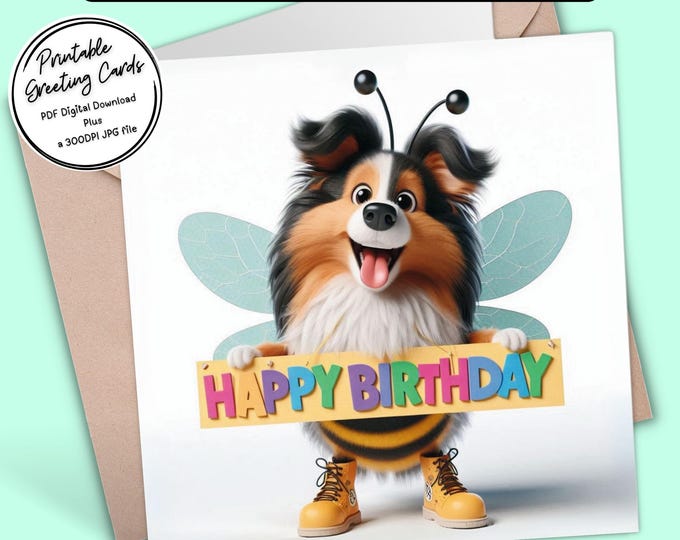 Adorable Sheltie Dog Birthday Card | Cute Spring-Themed Digital Download Greeting Card | 300dpi JPG for your own creations or send digitally