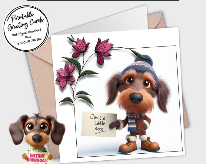 Printable Card ‘Just a little note’ | Adorable Dachshunds | Digital Download Greeting Card | Plus the 300dpi JPGs for your creative ideas