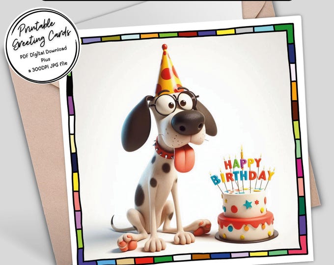 Quirky Dog Printable Birthday Card | Fun & Unique Digital Download Greeting Cards | 300dpi JPG for your own creations or send digitally