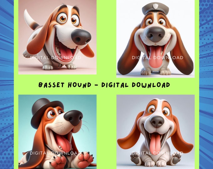 Caricature Basset Hound Delight - Fun Digital Dog Art Download | JPG 300dpi | Instant Downloads | Gift for Dog lovers