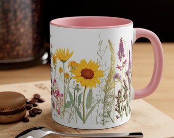 Accent Coffee Mug, Vintage Floral Mug, Boho Flower Mug, Boho Coffee Cup, Wildflowers Mug, Gardening Gift,Flower Mug, Gardening Mug