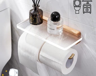 Soporte de papel higiénico de madera con estante - Decoración moderna de la pared del baño - Solución de almacenamiento montada en la pared para artículos esenciales del inodoro - Diseño artesanal