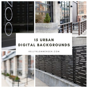 May include: A collage of four images showcasing urban backgrounds. The first image shows a close-up of a building with a reflective glass surface and the word "ZOO" written in white. The second image shows a brick building with a glass door and a small bush in a concrete planter. The third image shows a close-up of a black metal fence with a repeating pattern of horizontal lines. The fourth image shows a blurred image of a building with a white column and a walkway.