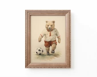 Bear Soccer Art Print: Vintage Nursery Sports Decor (Digital Download)
