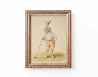 Bunny Golfer Art Print: Vintage Nursery Decor (Digital Download)