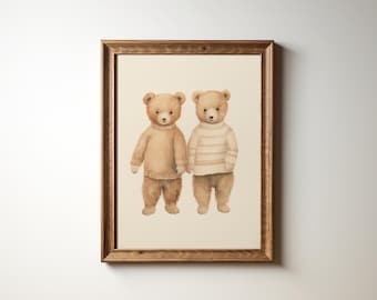 Twin Teddy Bear Nursery Print: Vintage Watercolor Art (Digital Download)