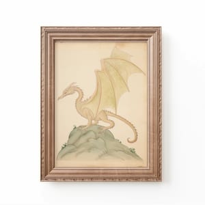 Vintage watercolor illustration art print of a dragon for a dragon theme nursery. Dragon baby art. Dragon nursery decor. Nursery inspiration. Nursery ideas. Vintage nursery art.