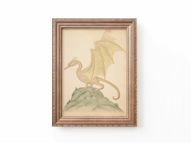 Vintage watercolor illustration art print of a dragon for a dragon theme nursery. Dragon baby art. Dragon nursery decor. Nursery inspiration. Nursery ideas. Vintage nursery art.