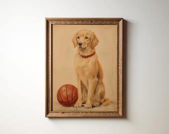 Golden Retriever Basketball Art Print: Vintage Nursery Decor (Digital Download)