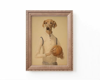 Dog Playing Basketball Art Print: Vintage Nursery Decor (Digital Download)