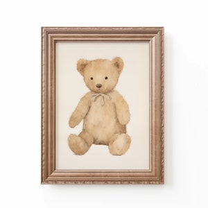 Watercolor illustration art print of brown teddy bear in a wood frame. Teddy bear downloadable print art. Teddy printable art. Nursery inspiration. Nursery ideas.