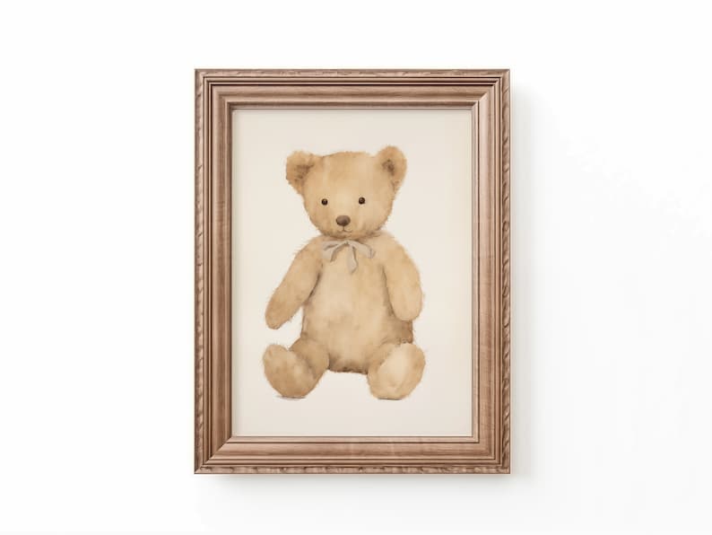 Watercolor illustration art print of brown teddy bear in a wood frame. Teddy bear downloadable print art. Teddy printable art. Nursery inspiration. Nursery ideas.