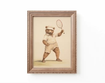 Bear Tennis Art Print: Vintage Nursery Decor (Digital Download)