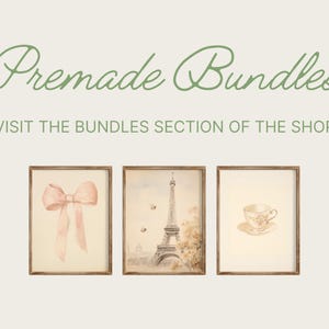 May include: Three framed watercolor prints, each with a different design. The first print features a pink bow, the second print features the Eiffel Tower, and the third print features a teacup.