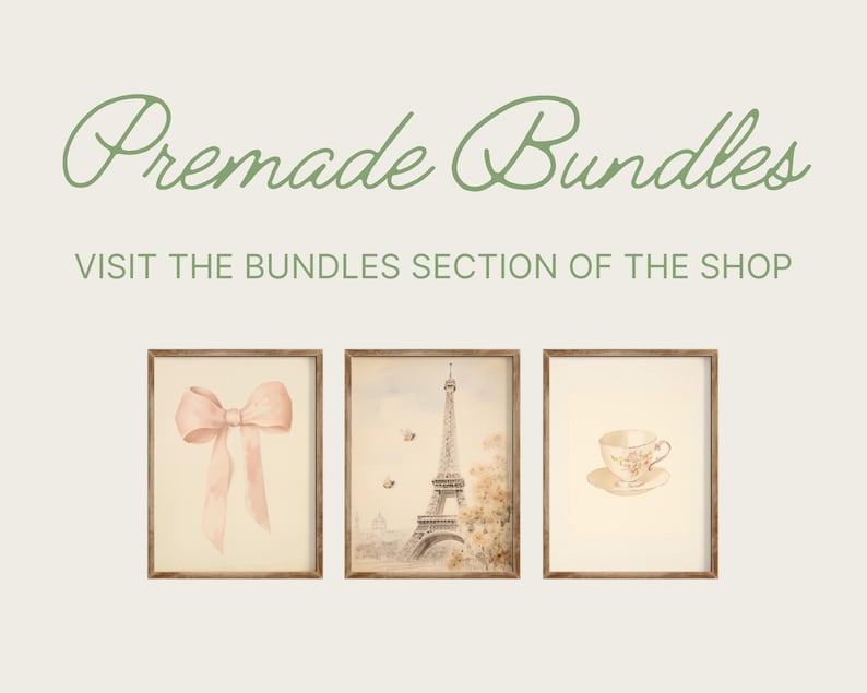 May include: Three framed watercolor prints, each with a different design. The first print features a pink bow, the second print features the Eiffel Tower, and the third print features a teacup.