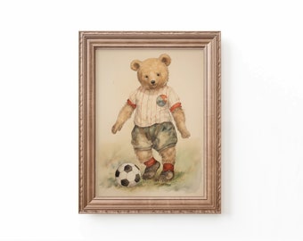 Bear Playing Soccer Art Print Nursery Soccer Decor Nursery Sports Art Soccer Nursery Bear Art Kids Room Art Soccer Print by Bespoke Littles