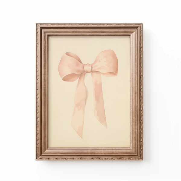 Rosa konsttryck med rosett, barnrum, kokettdekor, vintage väggkonst med rosett, koketttryck, nedladdningsbar rosettdekor av Bespoke Littles