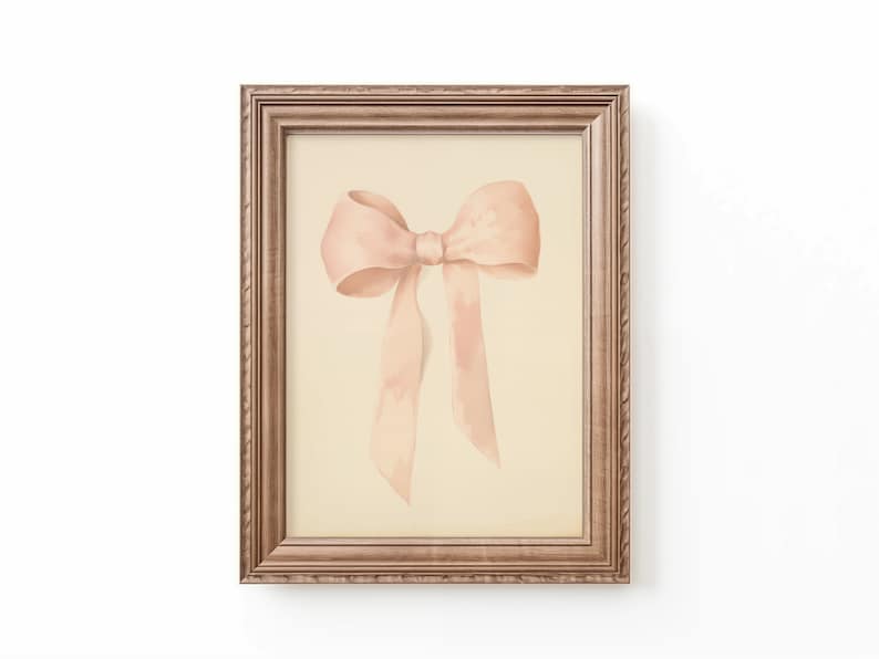 Vintage watercolor illustration art print of a pink bow. Bow nursery art. Bow nursery decor. Ribbon nursery print. Nursery inspiration. Nursery ideas. Vintage nursery art.