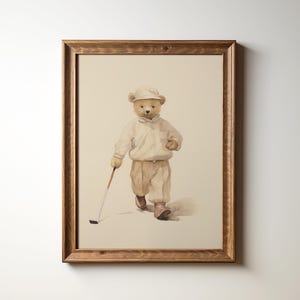 Vintage Teddy Bear Golf Print: Watercolor Nursery Art (Digital Download)